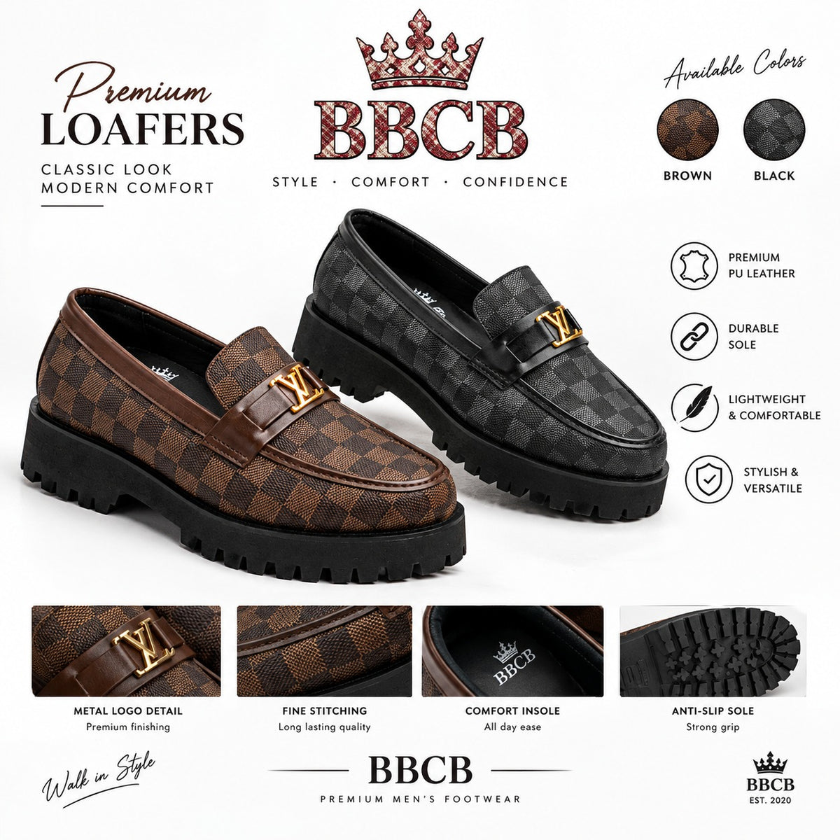 Premium BBCB Men’s Loafers – Luxury Checkered Pattern | Brown & Black