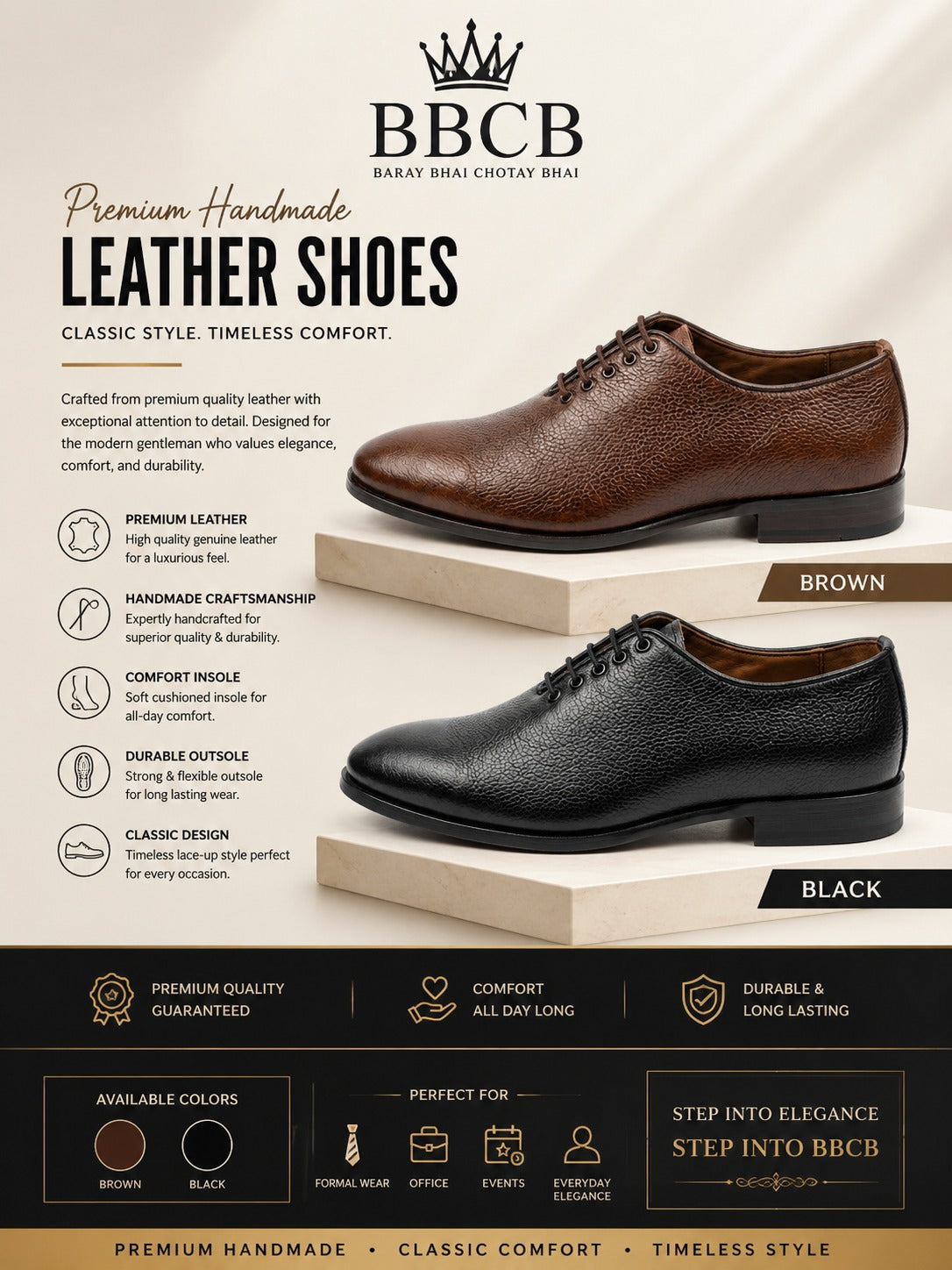 BBCB Premium Handmade Leather Lace-Up Shoes for Men – Classic Formal Dress Shoes | Black & Brown