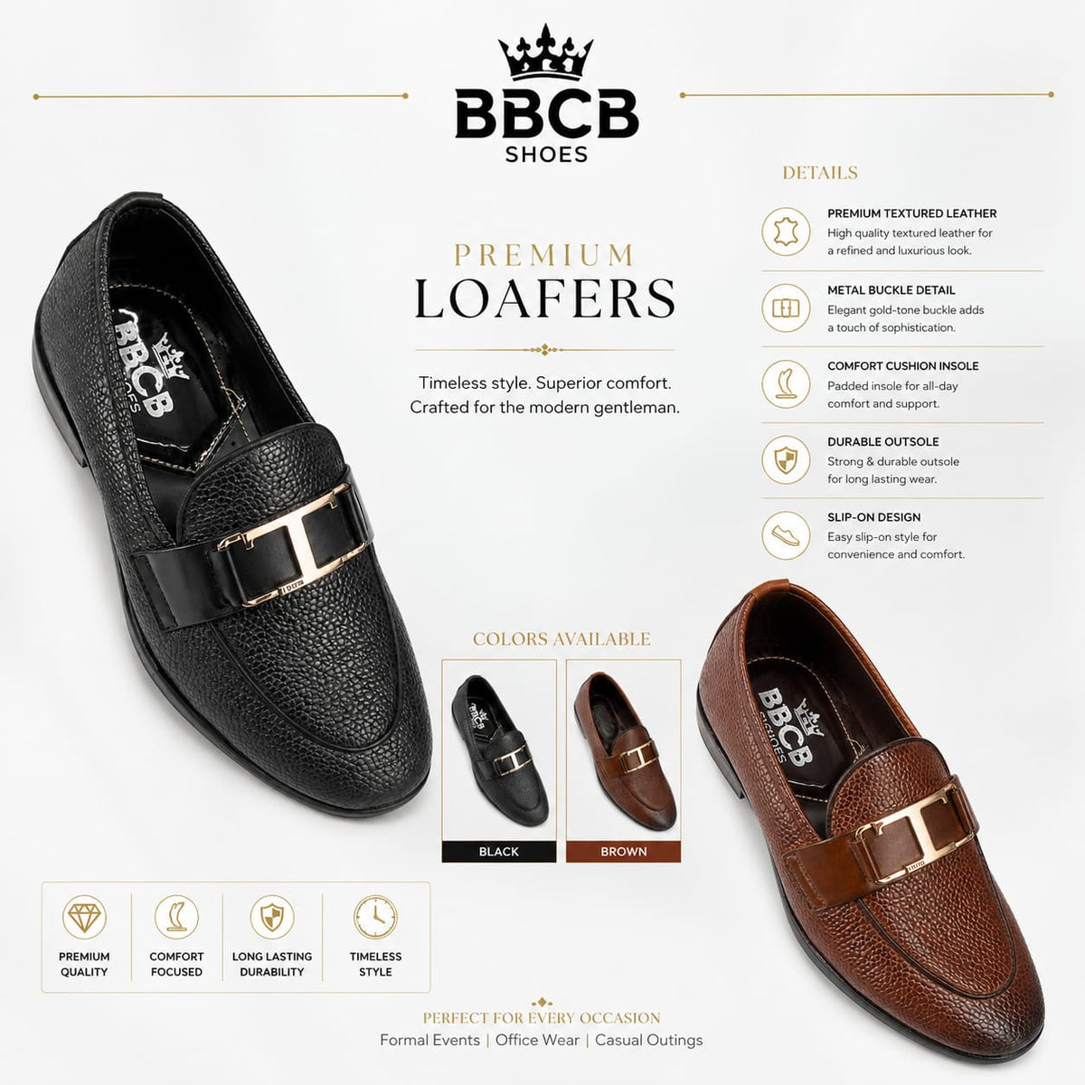 BBCB Premium Textured Leather Loafers for Men – Luxury Metal Buckle Design, Comfort Cushion Insole & Elegant Slip-On Style