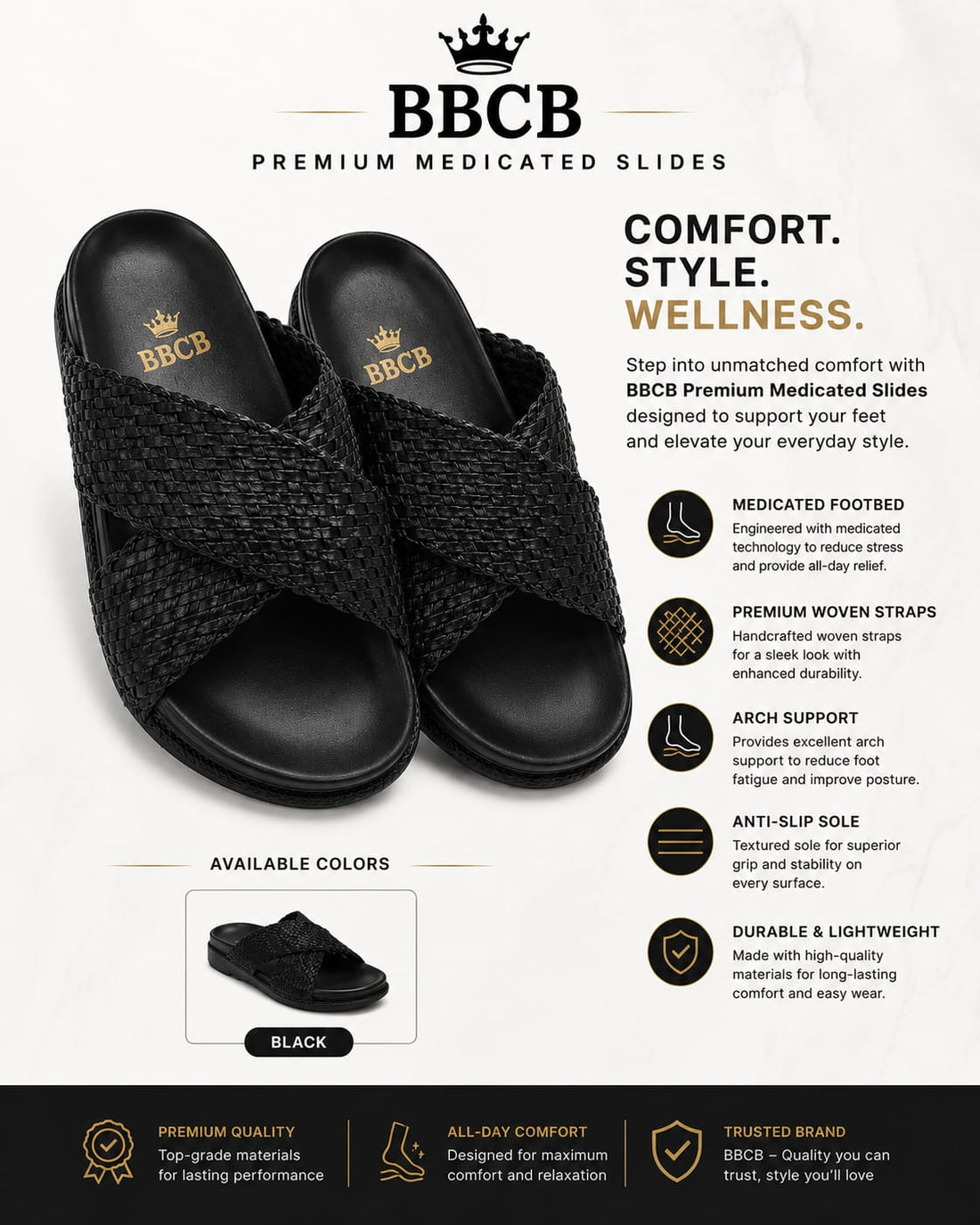 BBCB Premium Medicated Woven Slides – Arch Support & All-Day Comfort
