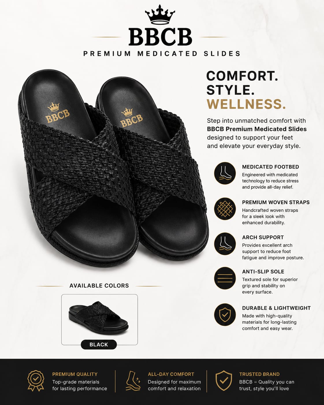 BBCB Premium Medicated Woven Slides – Arch Support & All-Day Comfort