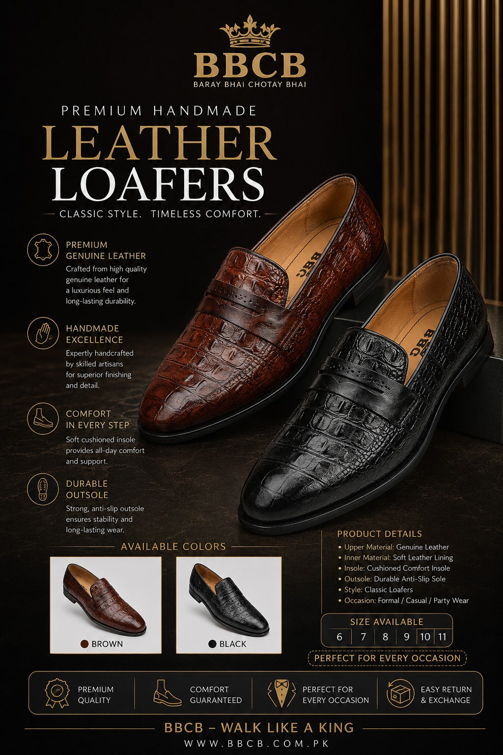 BBCB Premium Handmade Genuine Leather Loafers – Classic Crocodile Texture | Men’s Formal & Casual Shoes