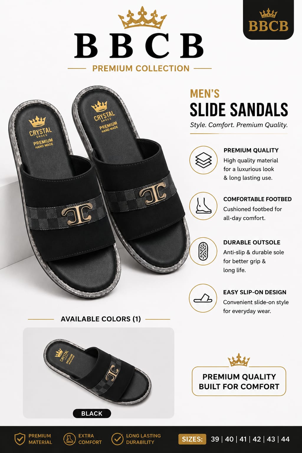 BBCB Premium Men’s Single Strap Slide Sandals – Black
