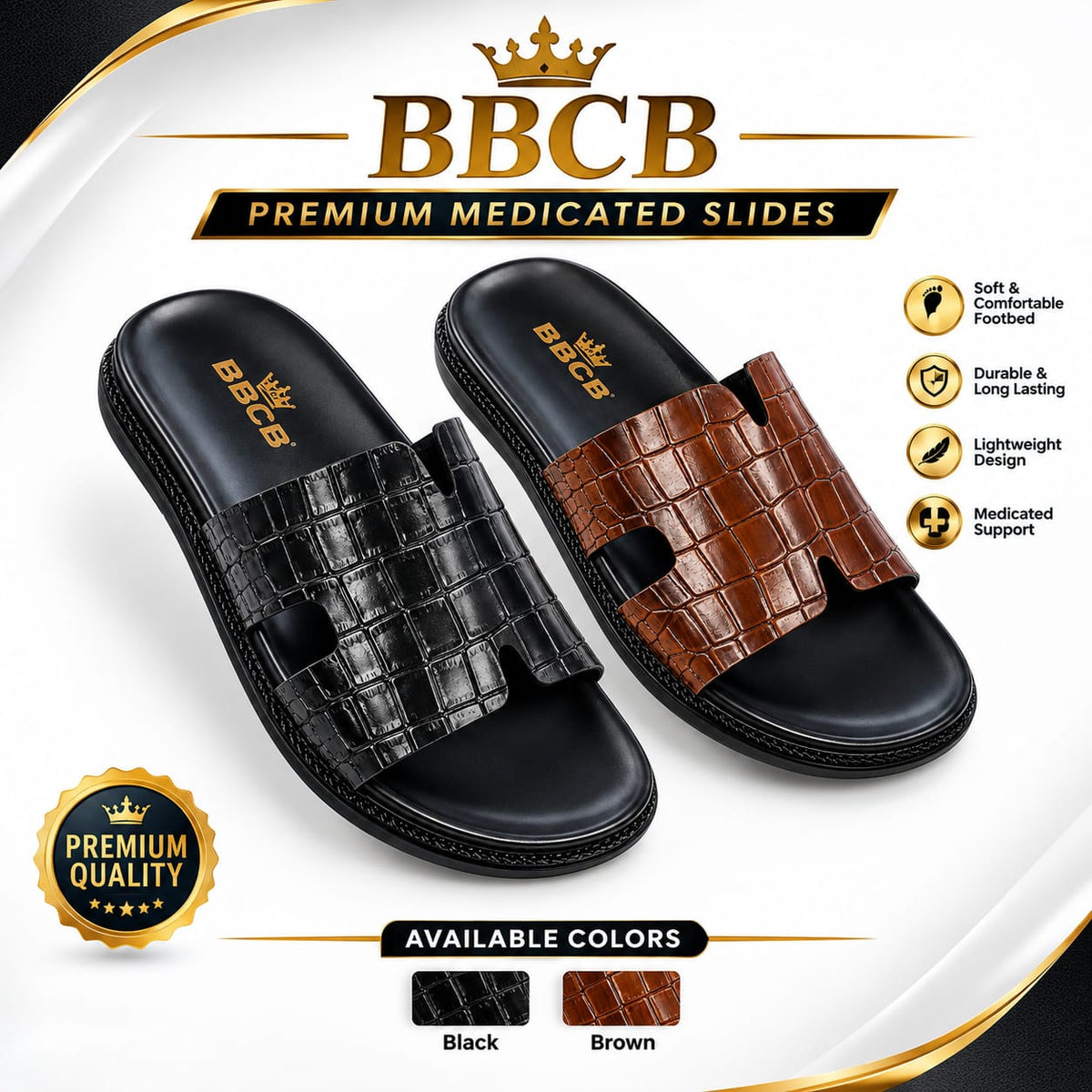 BBCB Premium Medicated Slides for Men – Luxury Crocodile Texture, Soft Comfort Footbed & Lightweight Design