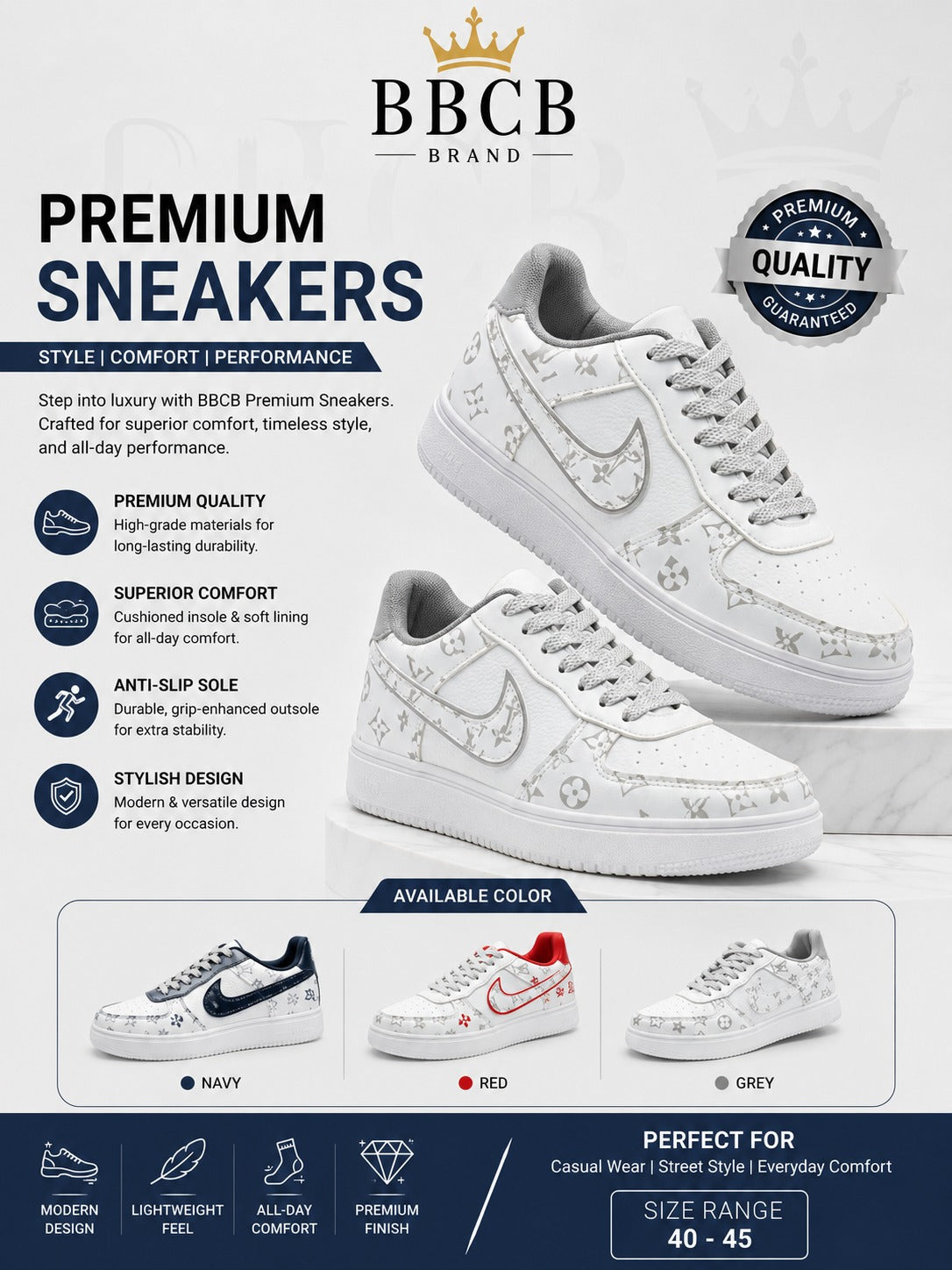 BBCB Premium Sneakers for Men | Luxury Casual & Streetwear Shoes | Navy, Red & Grey | Sizes 40–45