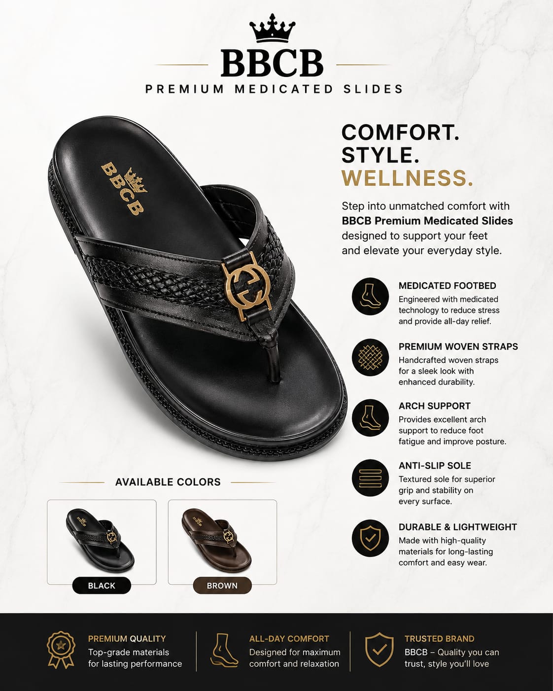 BBCB Premium Medicated Woven Slides – Arch Support, Cushioned Footbed & Comfort