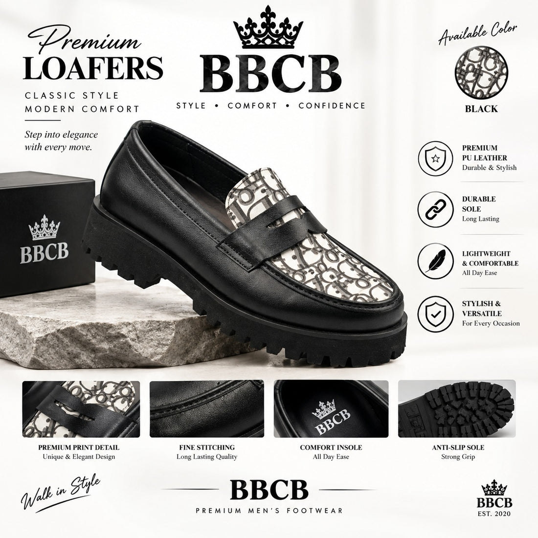 BBCB Premium Men’s Loafers – Black Printed Design | Stylish & Comfortable