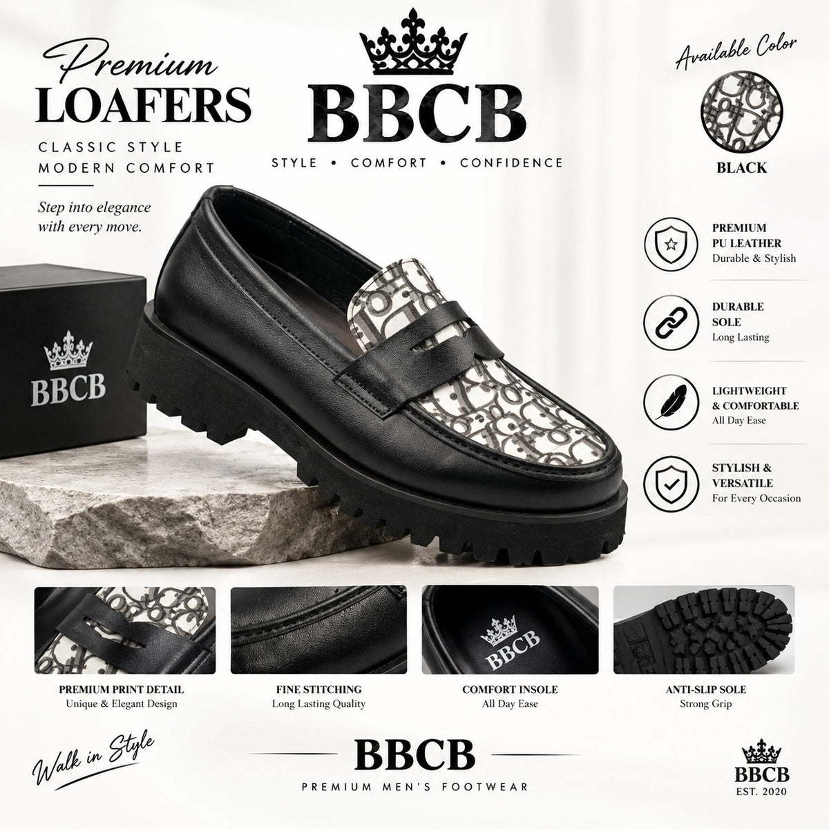 BBCB Premium Men’s Loafers – Black Printed Design | Stylish & Comfortable