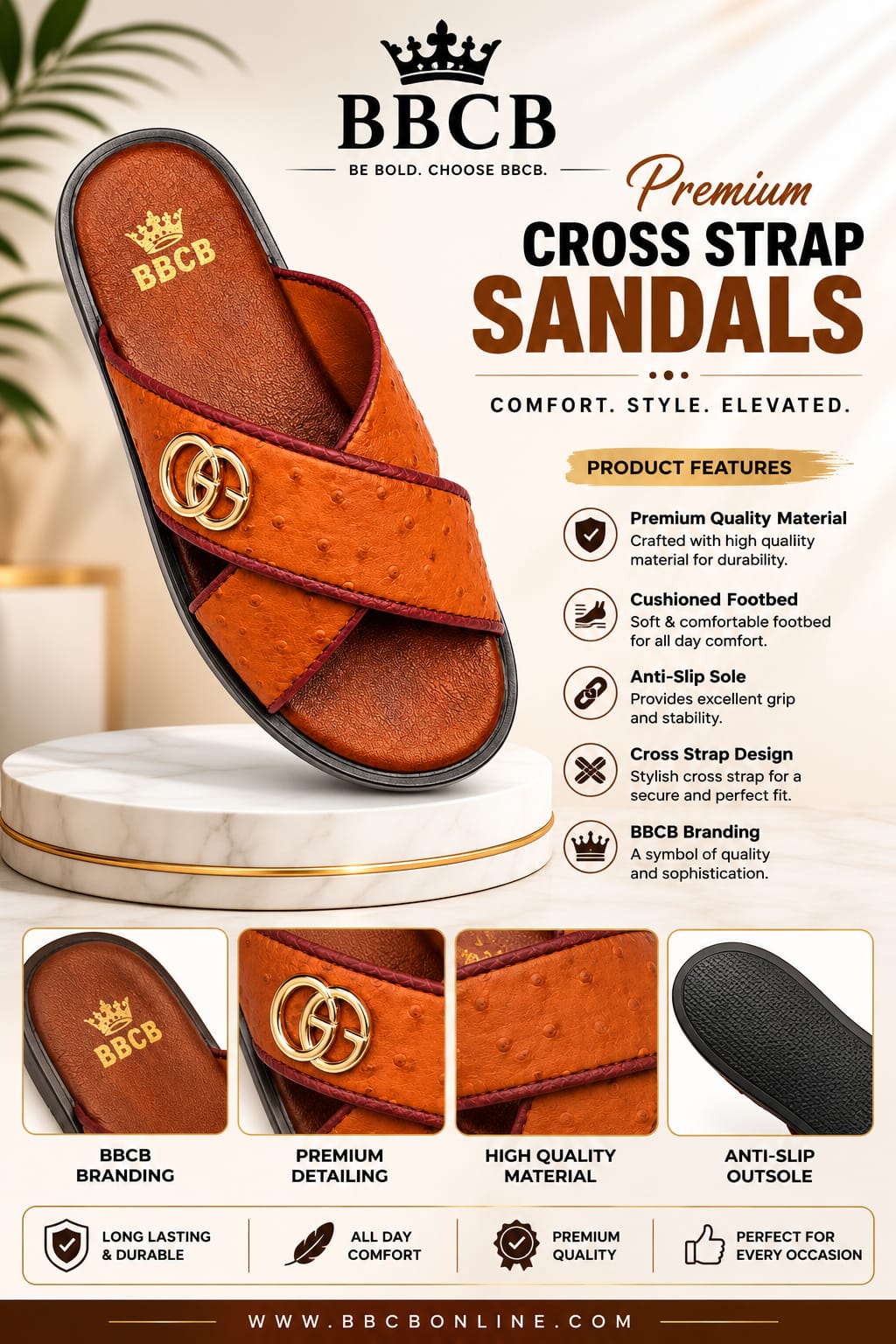 BBCB Premium Cross Strap Leather Sandals – Luxury Comfort & Anti-Slip Sole