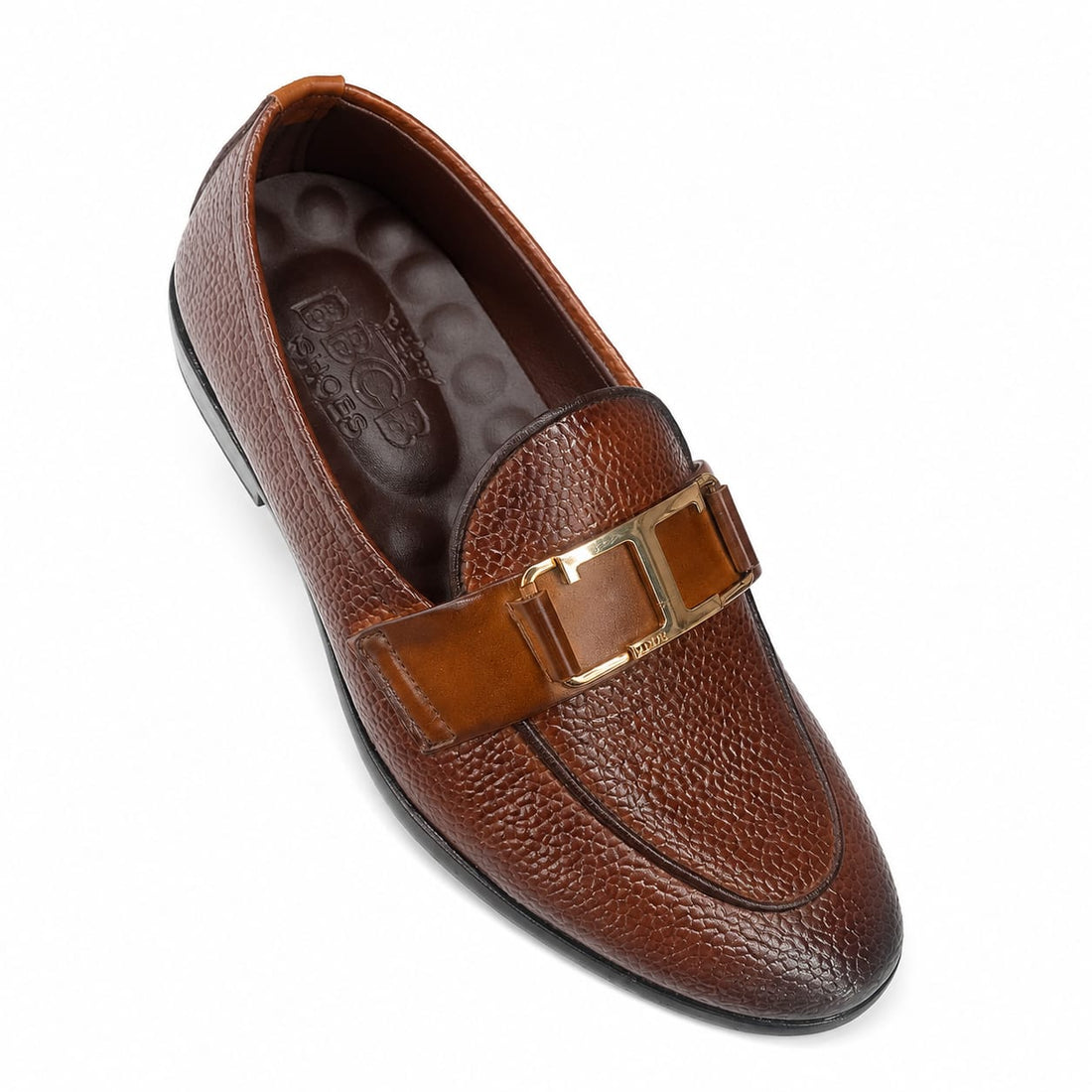 BBCB Premium Textured Leather Loafers for Men – Luxury Metal Buckle Design, Comfort Cushion Insole & Elegant Slip-On Style