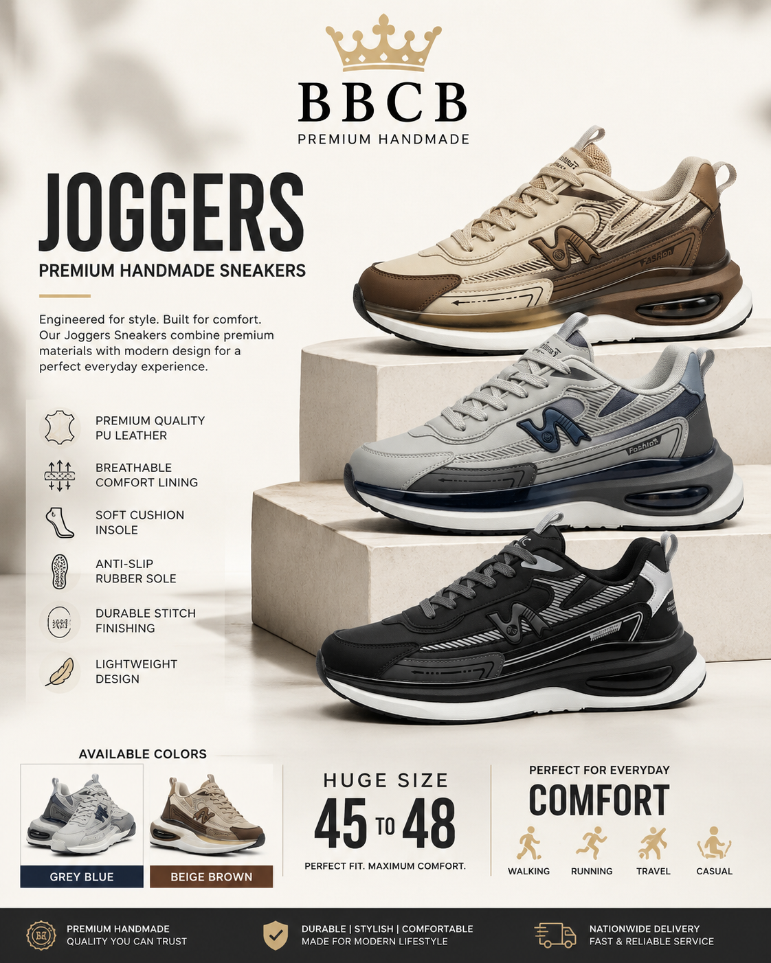 BBCB Joggers Premium Handmade Sneakers – Men’s Casual & Running Shoes | Huge Sizes 45–48