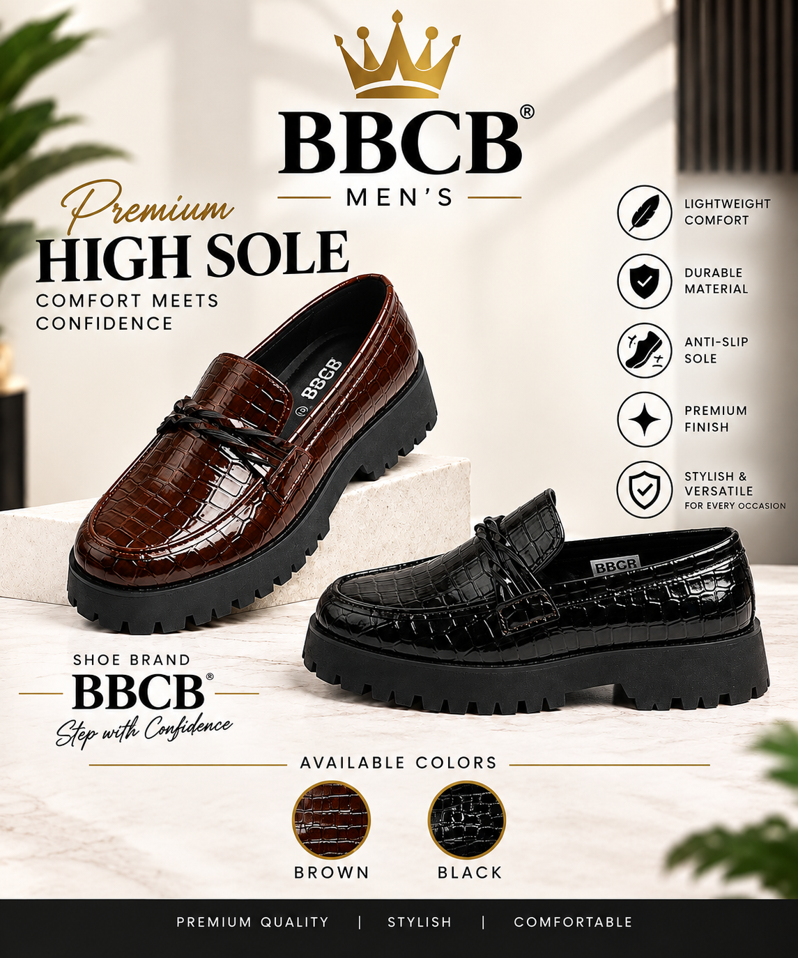 BBCB Men’s High Sole Shoes – Premium Crocodile Design | Brown & Black
