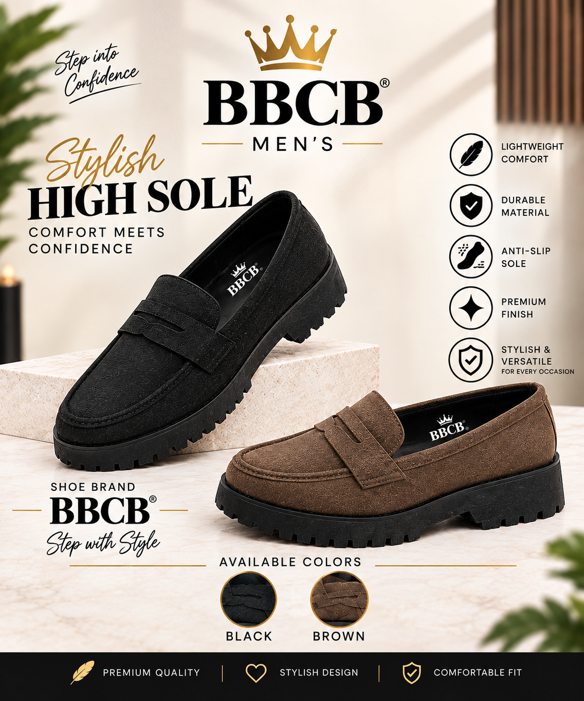 BBCB Men’s High Sole Shoes – Premium Stylish Loafers | Black & Brown