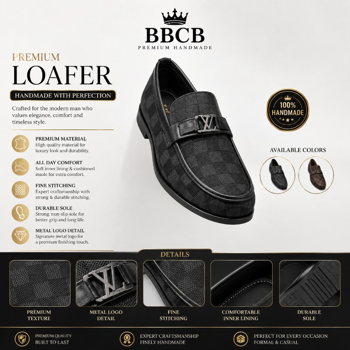 BBCB Premium Handmade Patterned Metal Logo Loafer – Black | Luxury Men’s Loafers