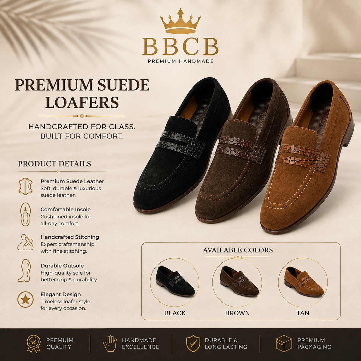 BBCB Premium Suede Loafers – Handmade Luxury Leather Loafers for Men | Black, Brown & Tan