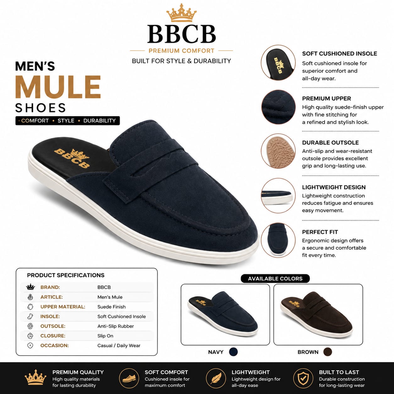 BBCB Premium Comfort Men's Suede Finish Slip-On Mule Shoes | Lightweight Casual Footwear