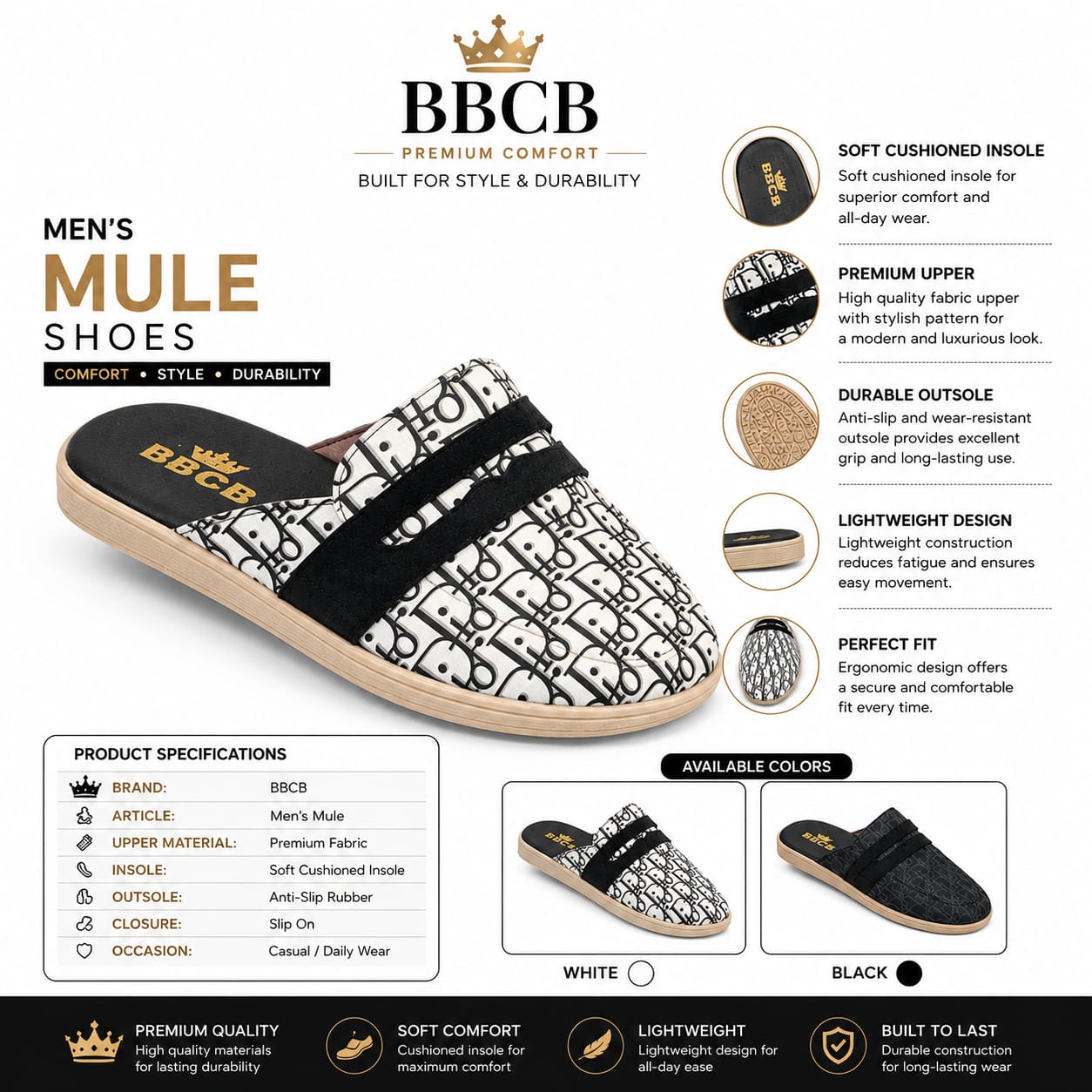 BBCB Premium Comfort Designer Slip-On Mule Shoes for Men | Soft Cushioned Casual Wear