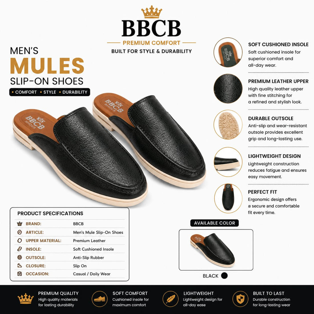 BBCB Premium Men's Black Leather Slip-On Mules – Soft Cushioned Casual Shoes