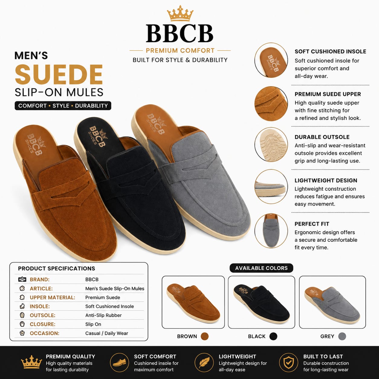 BBCB Premium Men's Suede Slip-On Mules – Soft Cushioned Casual Comfort Shoes