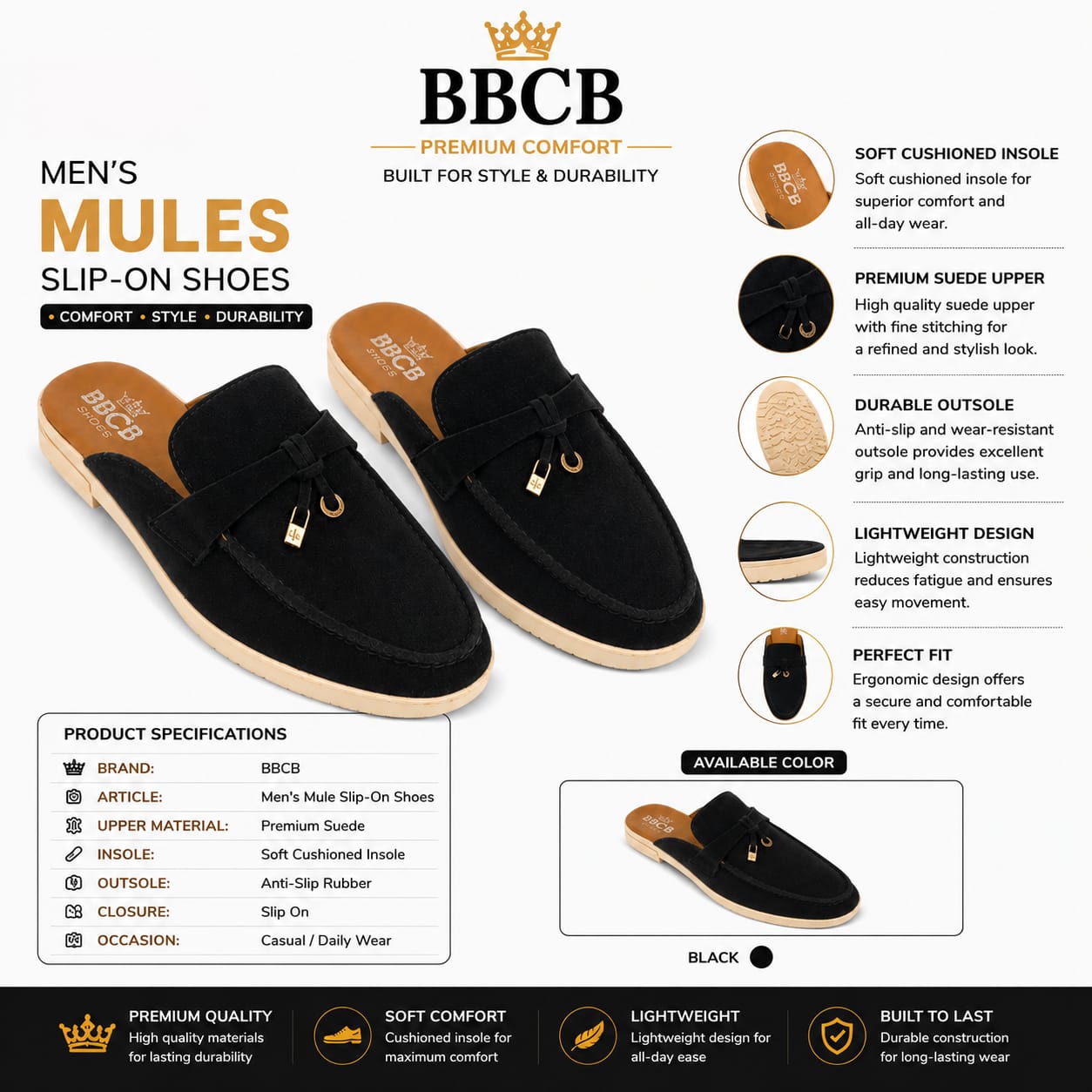 BBCB Premium Men's Black Suede Slip-On Mules – Soft Cushioned Casual Shoes