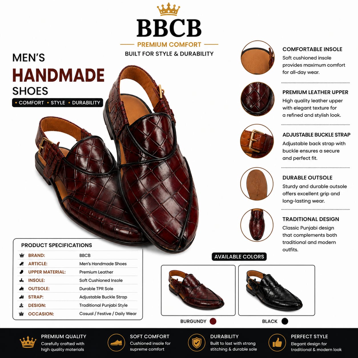 BBCB Men's Premium Handmade Leather Peshawari Sandals – Traditional Punjabi Style | Burgundy & Black