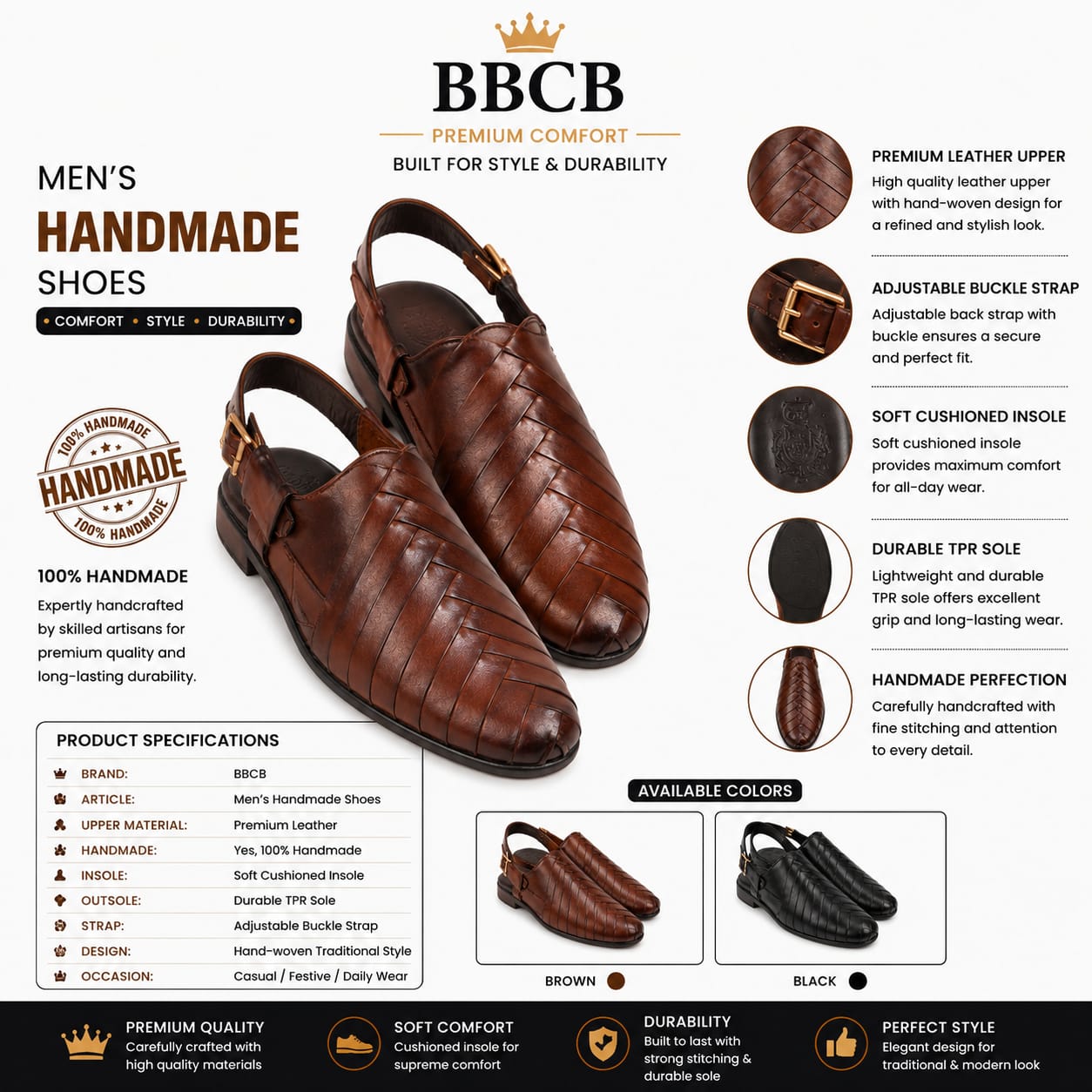 BBCB Men's Premium Handmade Leather Peshawari Sandals – Traditional Woven Design | Brown & Black