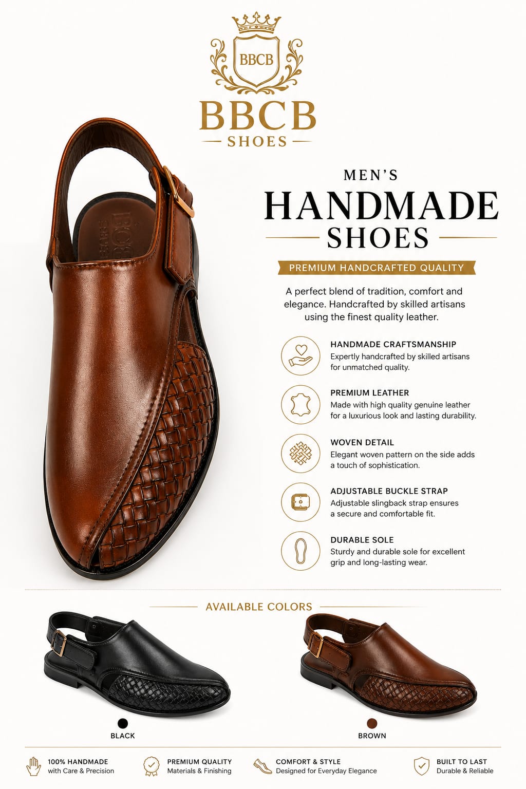 BBCB Handmade Premium Leather Peshawari Sandal for Men – Woven Design | Black & Brown