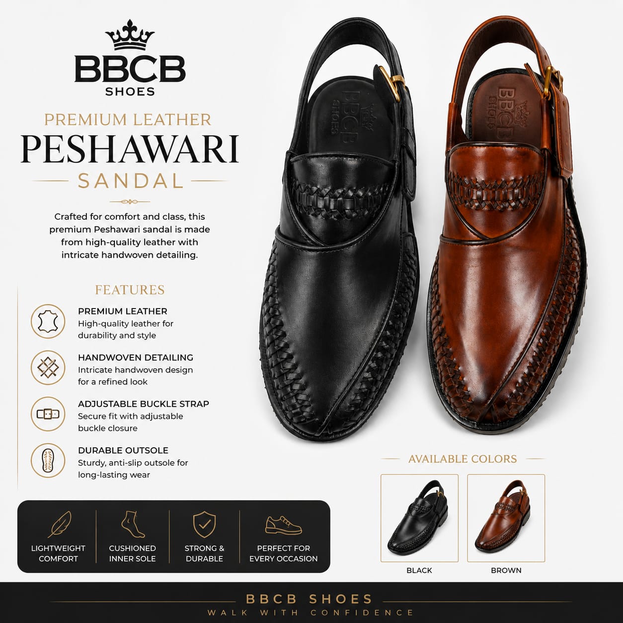 BBCB Premium Leather Peshawari Sandal – Handmade Men's Traditional Chappal | Black & Brown