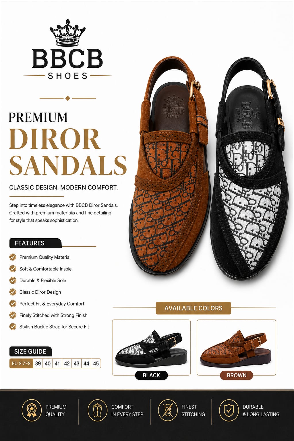 BBCB Premium Diror Sandals – Men's Handmade Comfort Slingback Sandals | Black & Brown