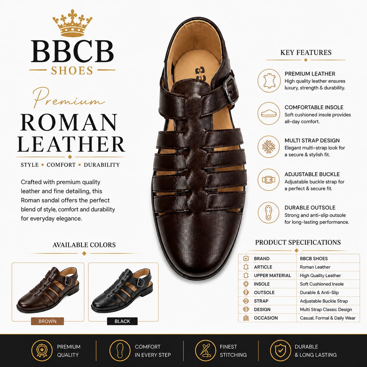 BBCB Premium Roman Leather Sandal for Men – Handmade Comfortable Casual Shoes | Brown & Black