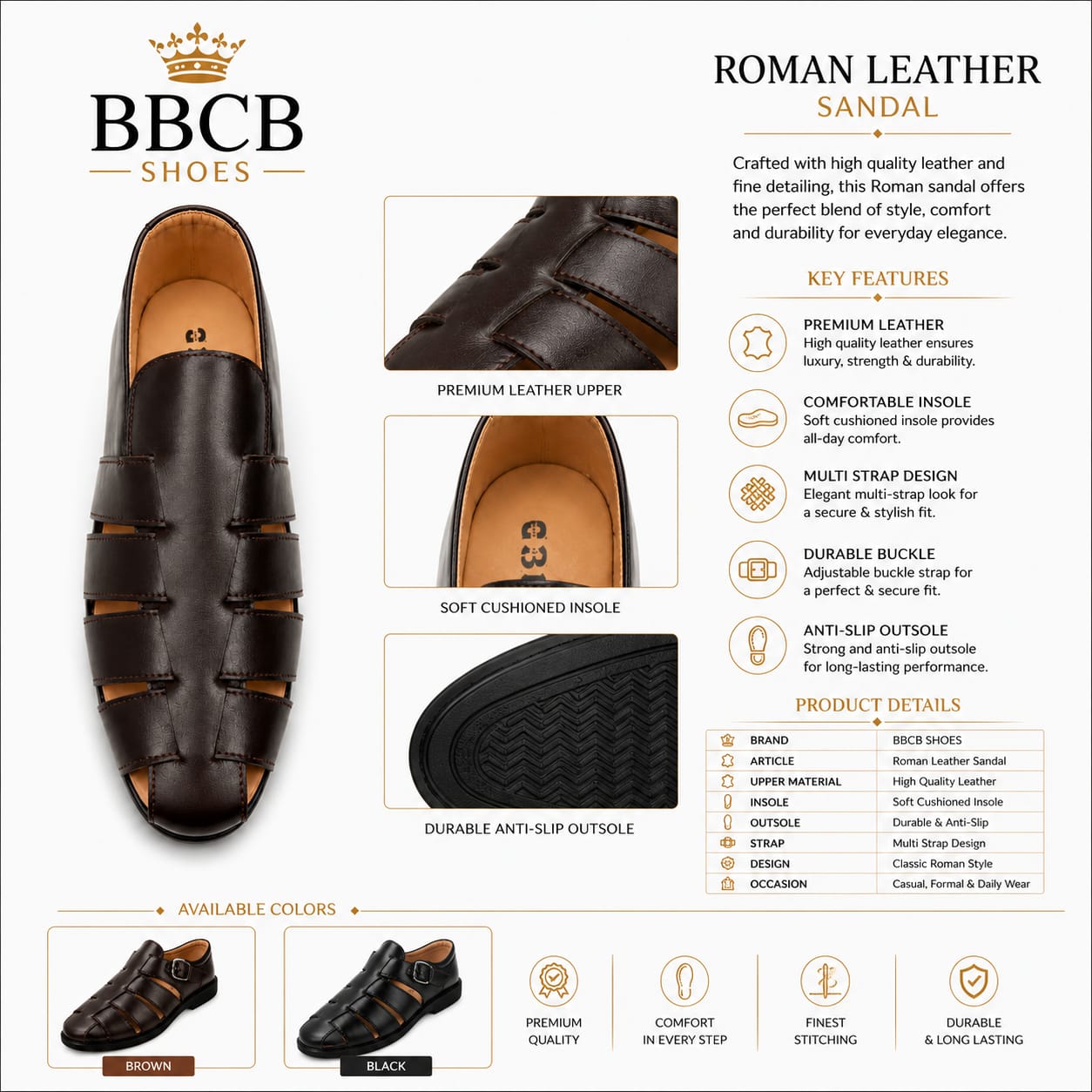 BBCB Premium Roman Leather Sandal for Men – Soft Cushioned Handmade Casual Shoes | Brown & Black
