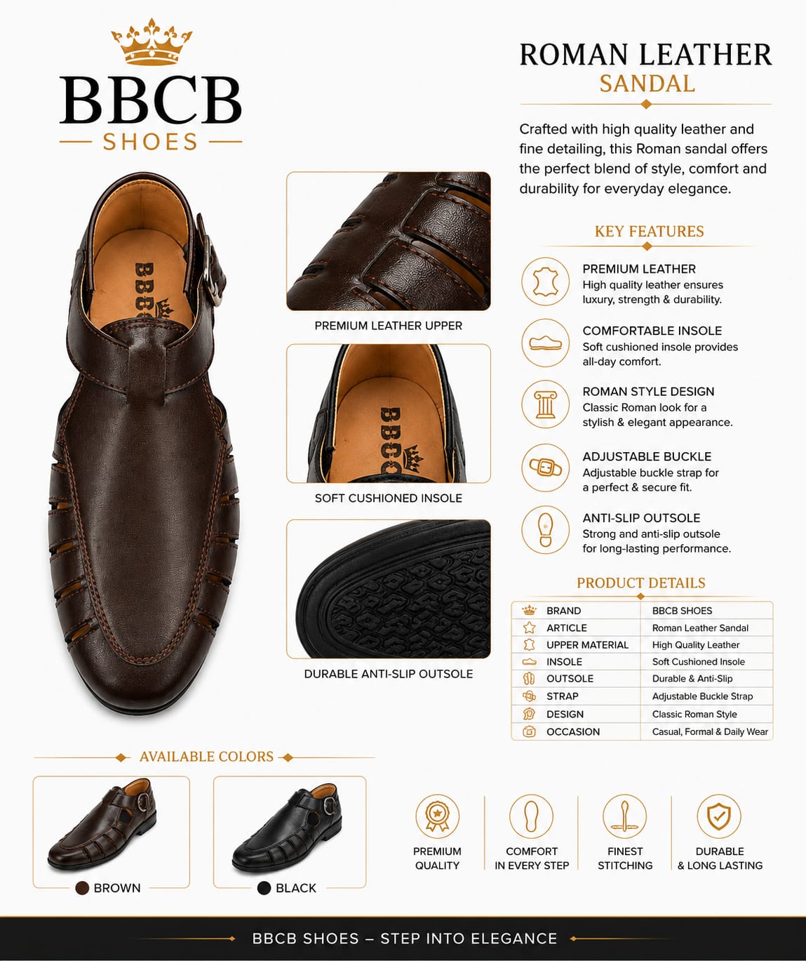 BBCB Premium Roman Leather Sandal for Men – Handmade Soft Cushioned Leather Shoes | Brown & Black