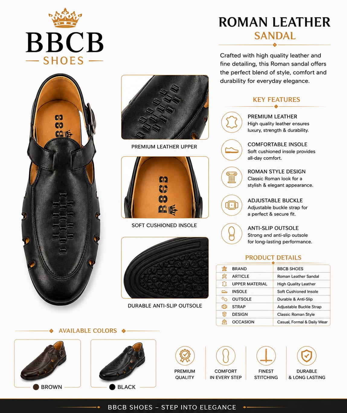 BBCB Premium Roman Leather Sandal for Men – Genuine Leather Comfort Sandals | Brown & Black