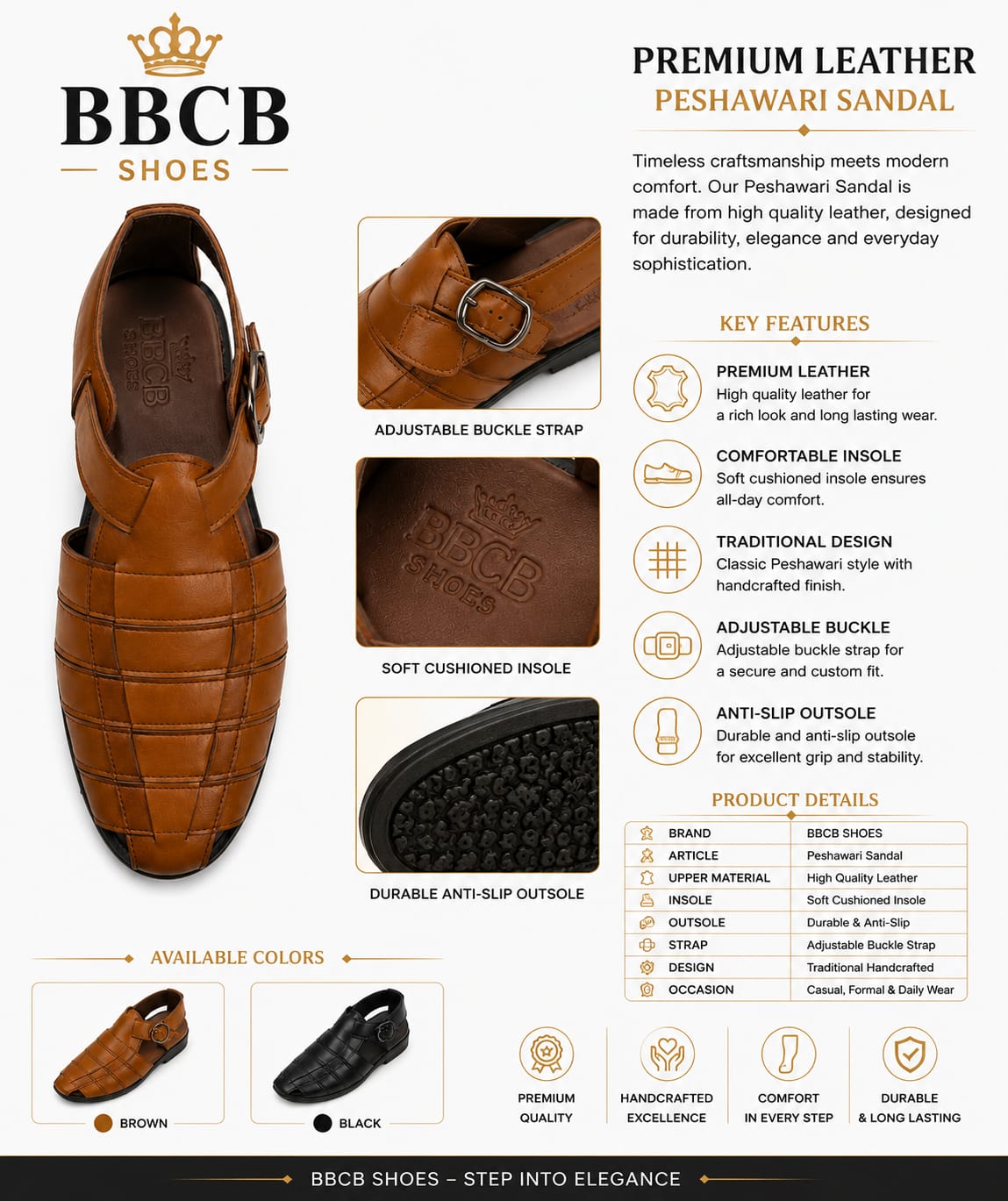 BBCB Premium Handmade Peshawari Sandal for Men – Genuine Leather Comfort Shoes | Brown & Black
