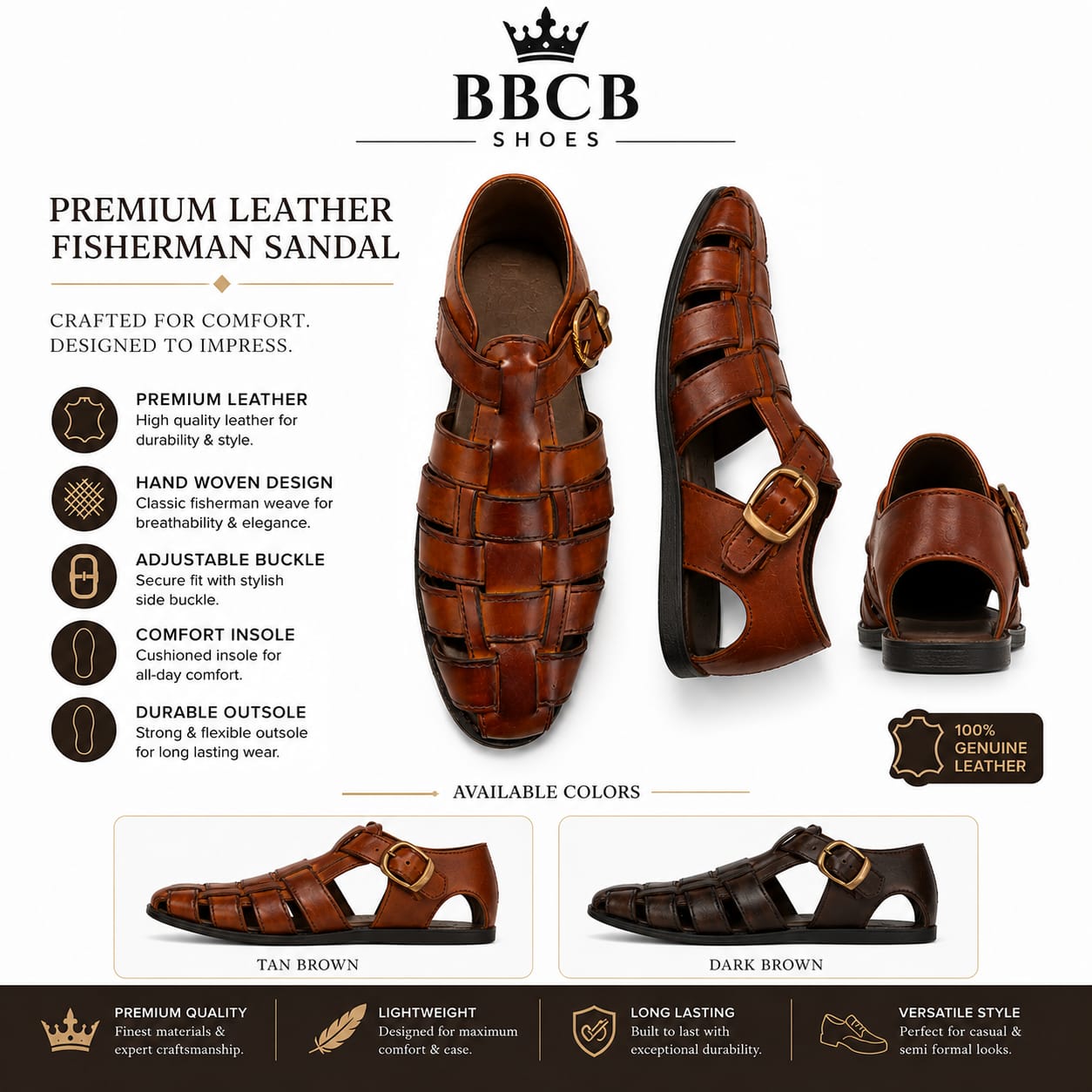 BBCB Premium Leather Romans Sandal for Men – Genuine Leather Buckle Sandals | Tan Brown & Dark Brown