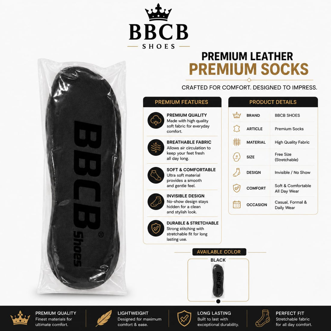 BBCB Premium Leather Invisible Socks – Breathable Soft Stretch No Show Socks for Men & Women (Black)