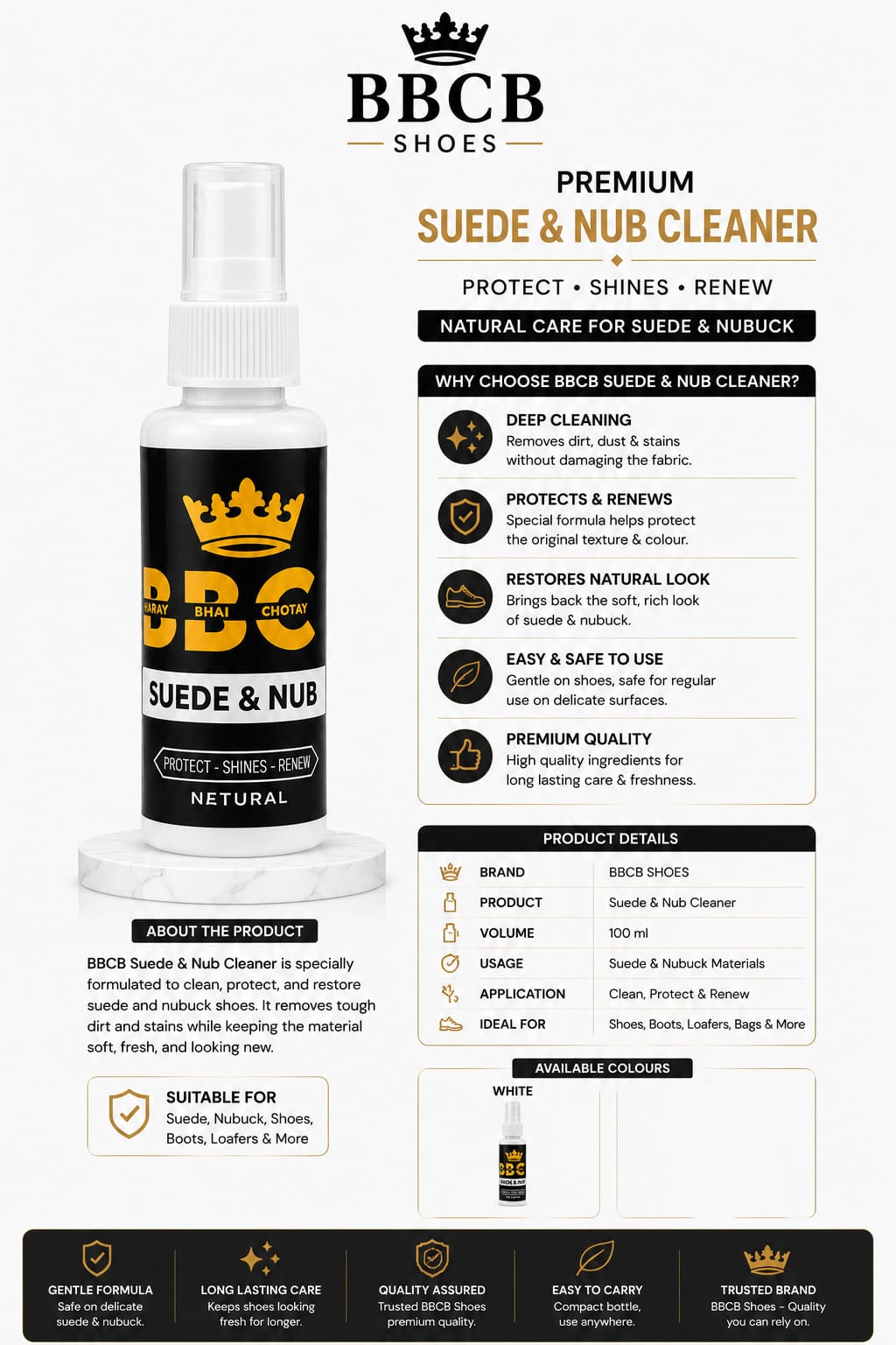 BBCB Premium Suede & Nub Cleaner 100ml – Cleaner, Protector & Restorer for Suede & Nubuck Shoes