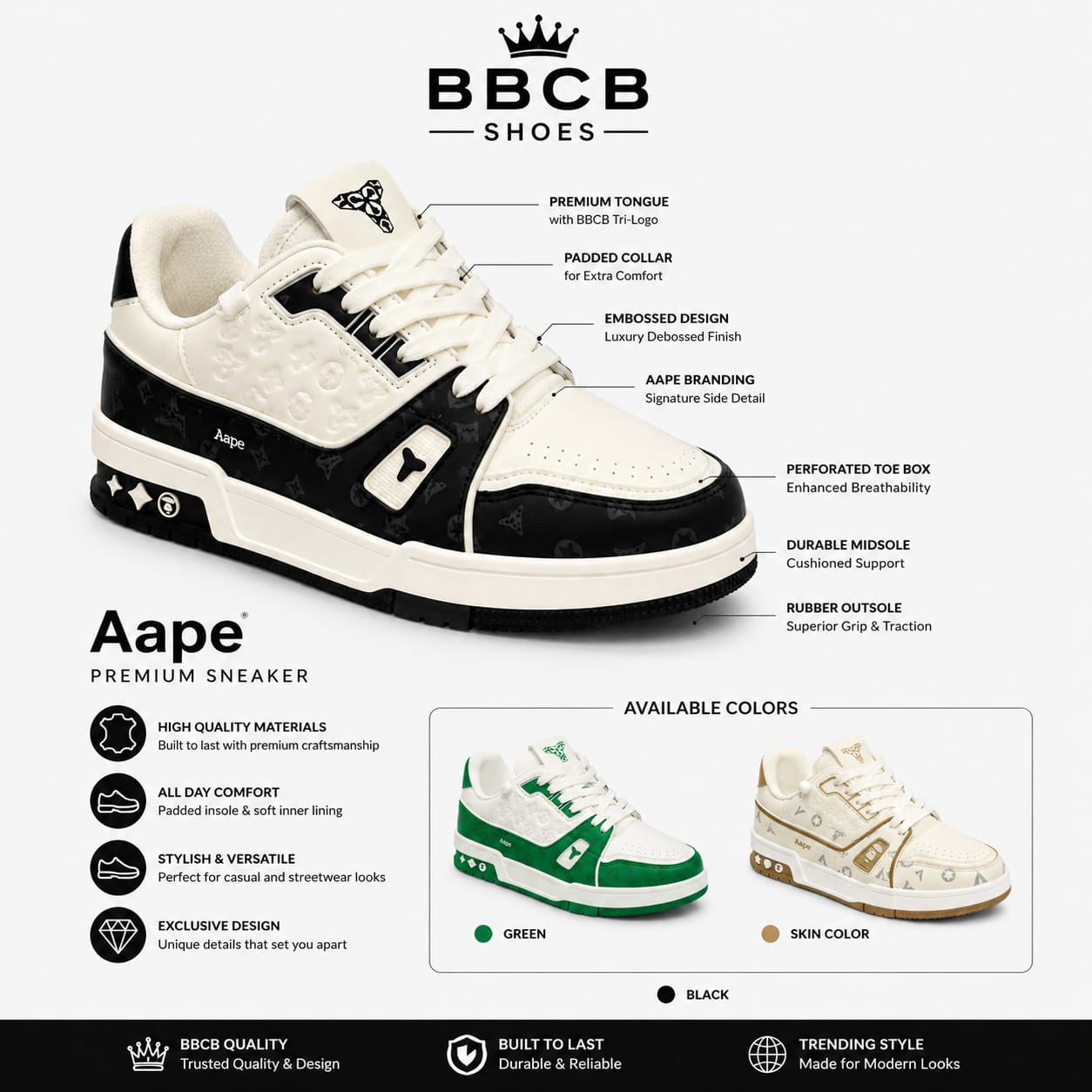 BBCB Premium Aape Low-Top Casual Sneakers – Black/White | Premium Streetwear Shoes