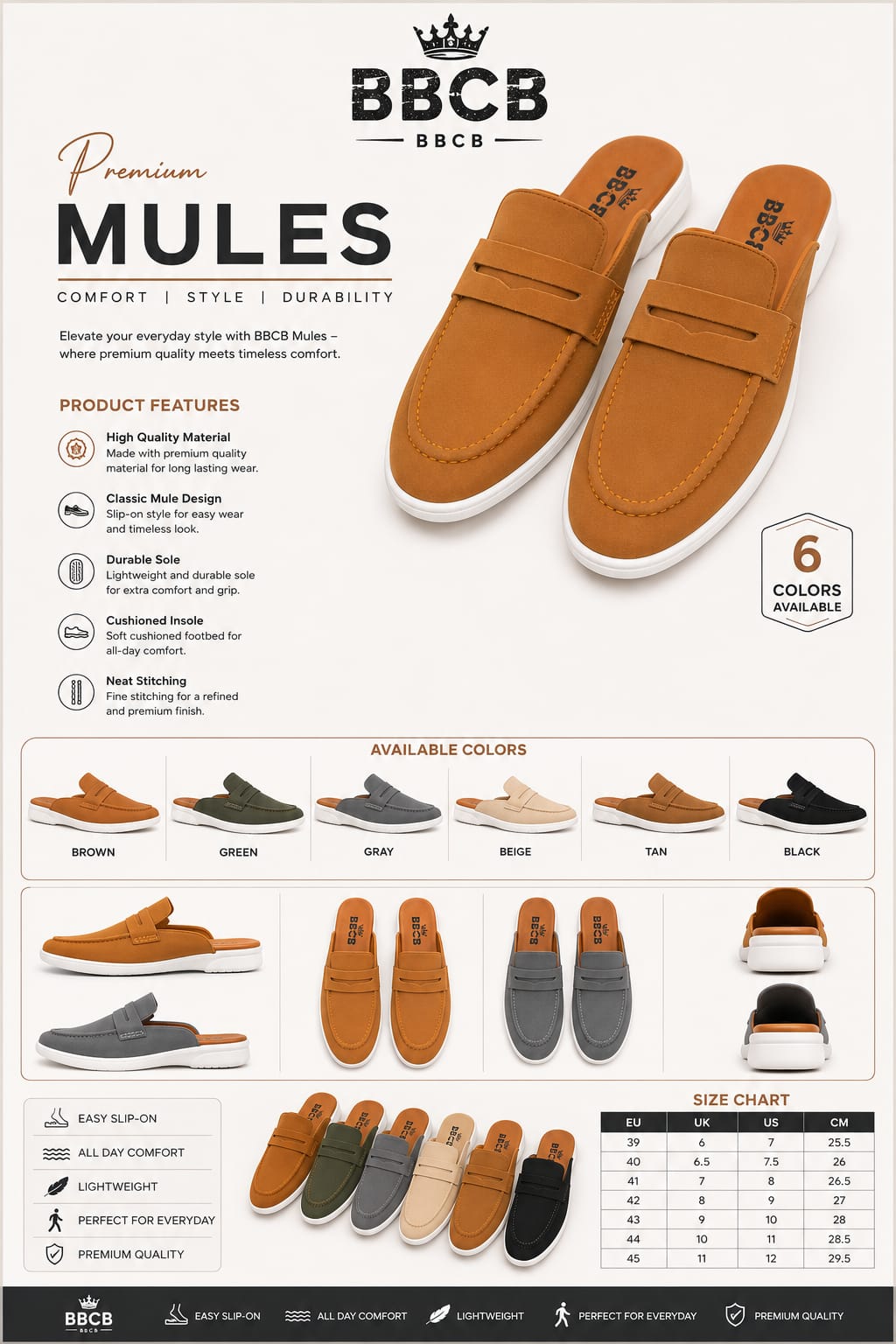 BBCB Premium Mules for Men – Casual Slip-On Comfort Mules | Soft Finish | Lightweight Sole