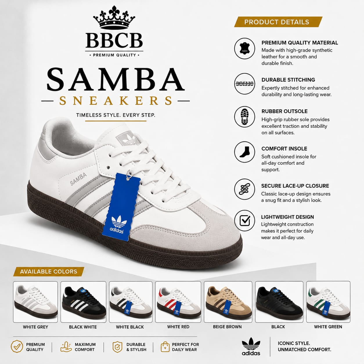 BBCB Samba Sneakers for Men – Premium Casual Lace-Up Shoes | Lightweight Rubber Sole