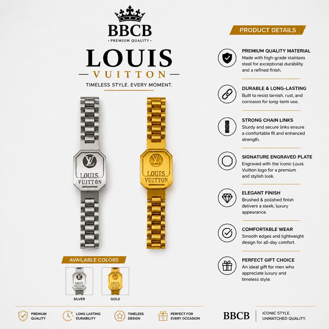 Louis Vuitton Inspired Premium Stainless Steel Bracelet – Gold & Silver