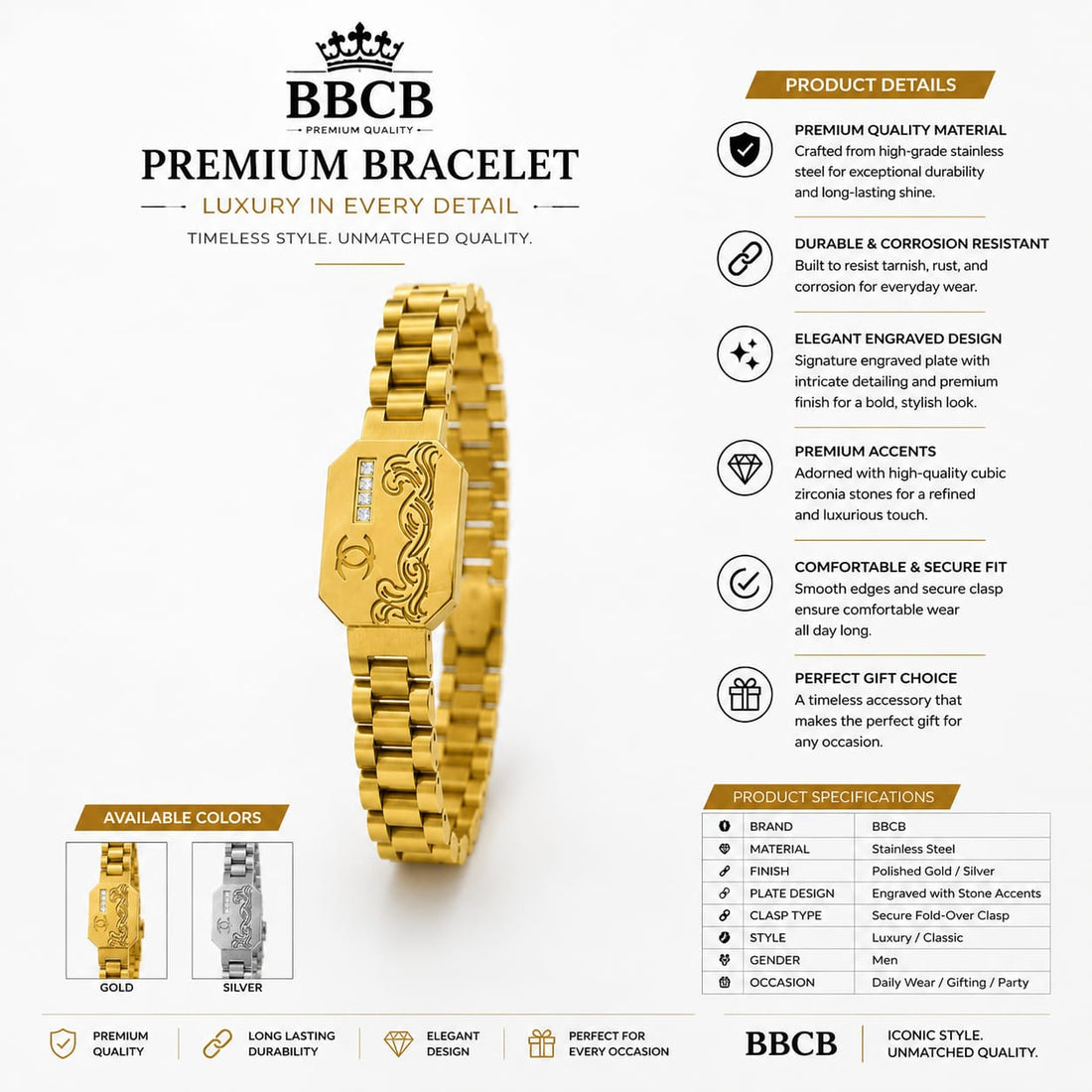 BBCB Premium Stainless Steel Engraved Bracelet – Gold & Silver