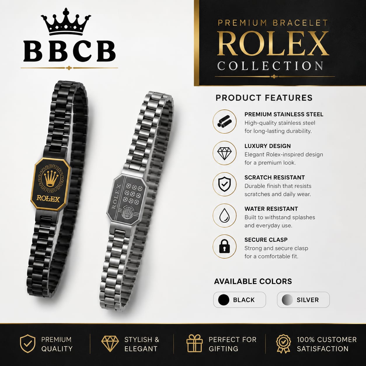 BBCB Premium Stainless Steel Luxury Bracelet – Black, Silver & Gold