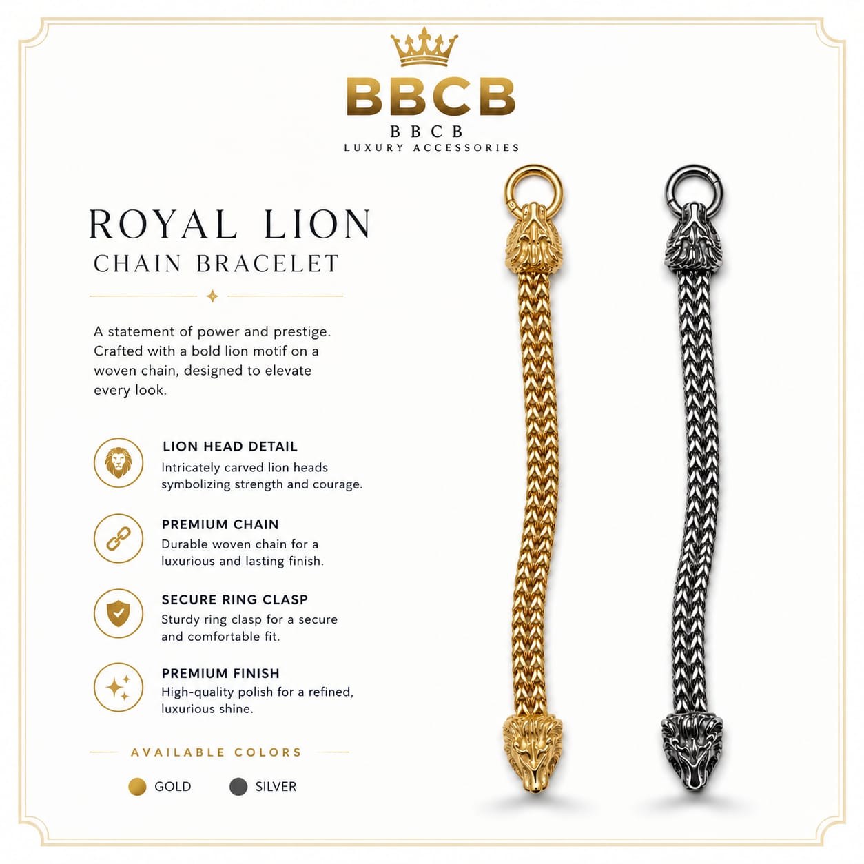 BBCB Royal Lion Chain Bracelet – Premium Stainless Steel Luxury Bracelet for Men (Gold & Silver & Black)