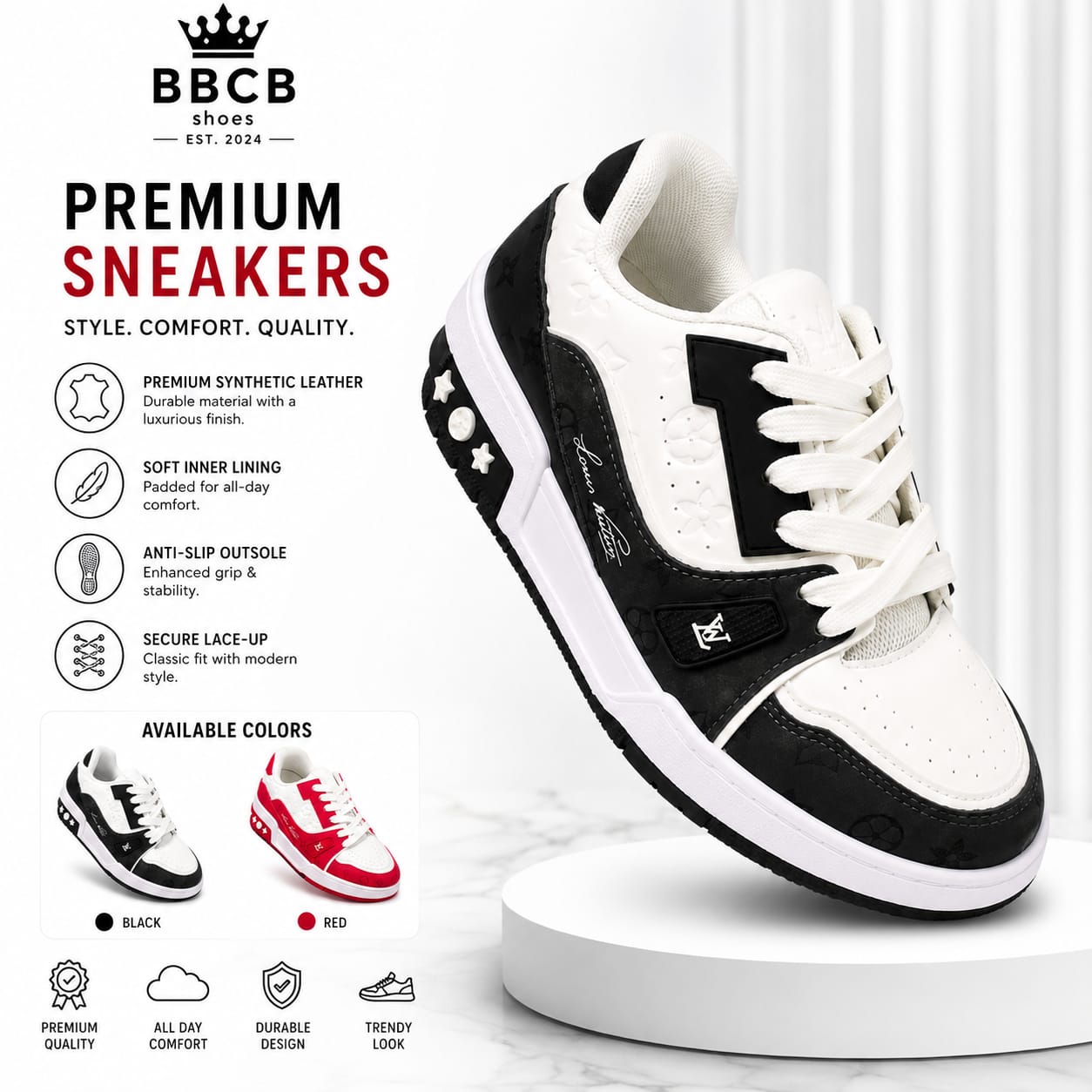 BBCB Premium Sneakers for Men | Casual Street Style Lace-Up Shoes | Lightweight & Comfortable Walking Sneakers | Black, Red & Blue