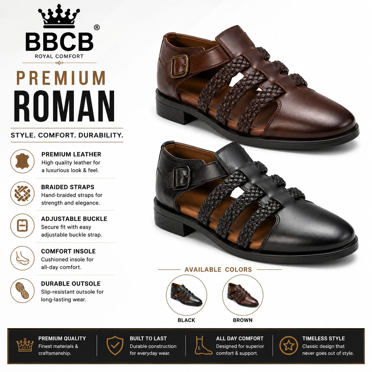 BBCB Premium Roman Sandals for Men | Braided Leather Strap Gladiator Sandals | Adjustable Buckle Casual & Formal Footwear