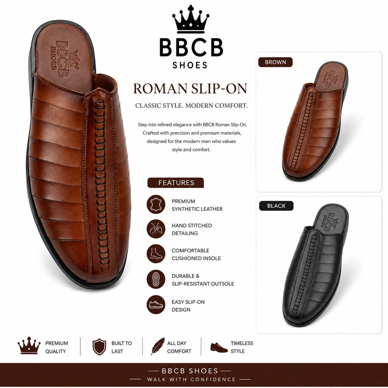 BBCB Roman Slip-On Peshawari Chappal for Men | Premium Synthetic Leather | Comfortable Casual & Traditional Footwear