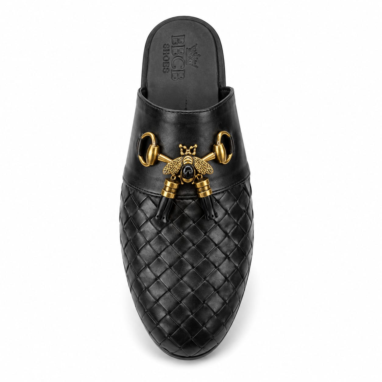BBCB Woven Bee Slip-On Shoes for Men | Premium Synthetic Leather Luxury Mule Loafers | Black & Brown