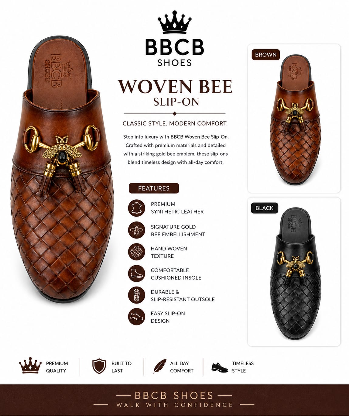 BBCB Woven Bee Slip-On Shoes for Men | Premium Synthetic Leather Luxury Mule Loafers | Black & Brown