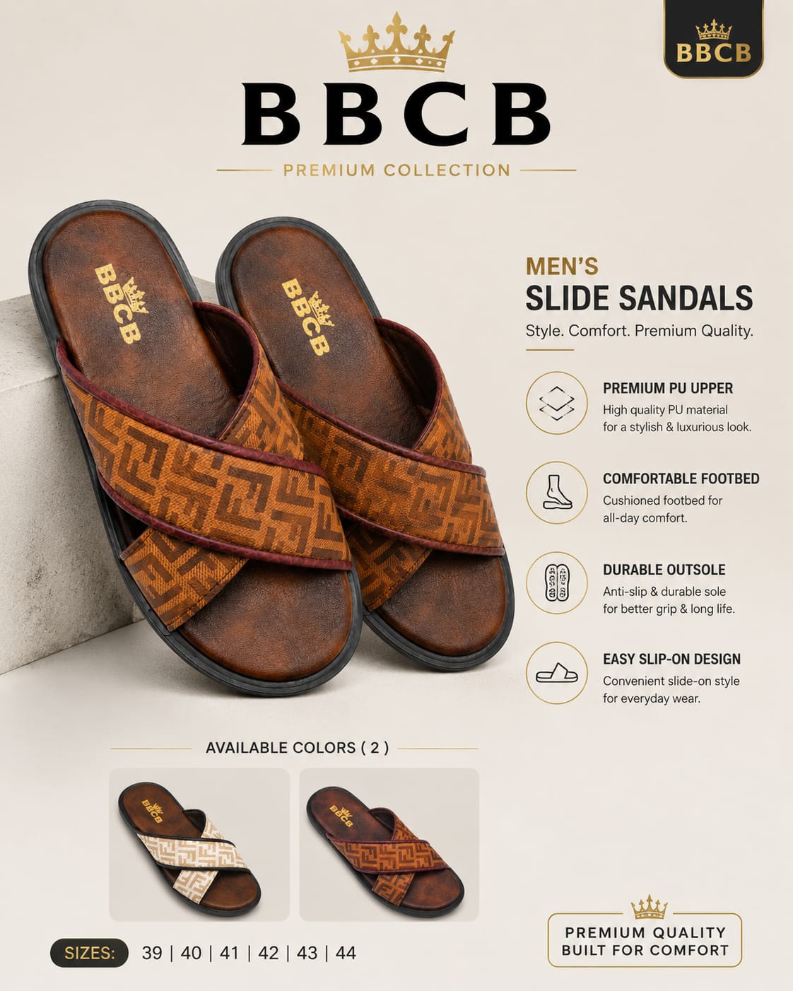 BBCB Premium Men’s Cross Strap Slide Sandals –